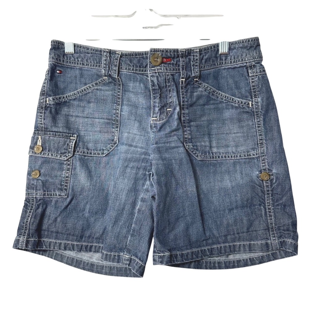 Tommy Hilfiger Cargo Shorts Womens Blue Denim Medium Wash Casual Utility Sz 4